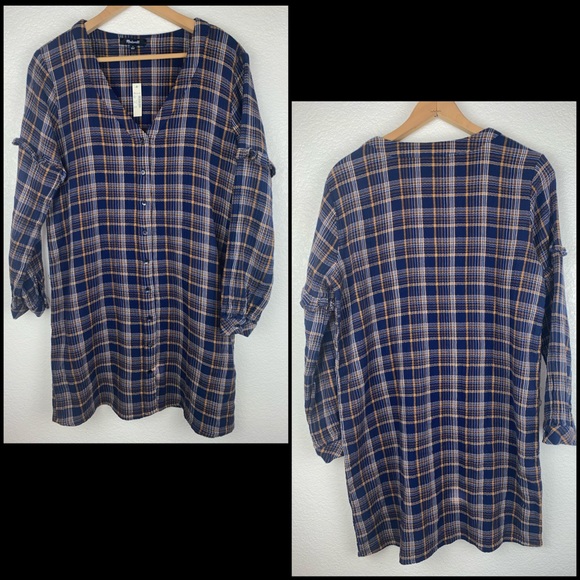 Madewell Plaid Ruffled Sleeve V-Neck Button Down Shirt Dress - Picture 7 of 14